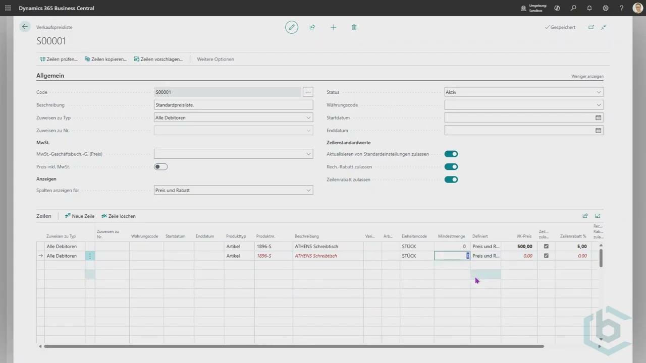 Die Verwendung von Verkaufsartikel, Preisen und Rabatten